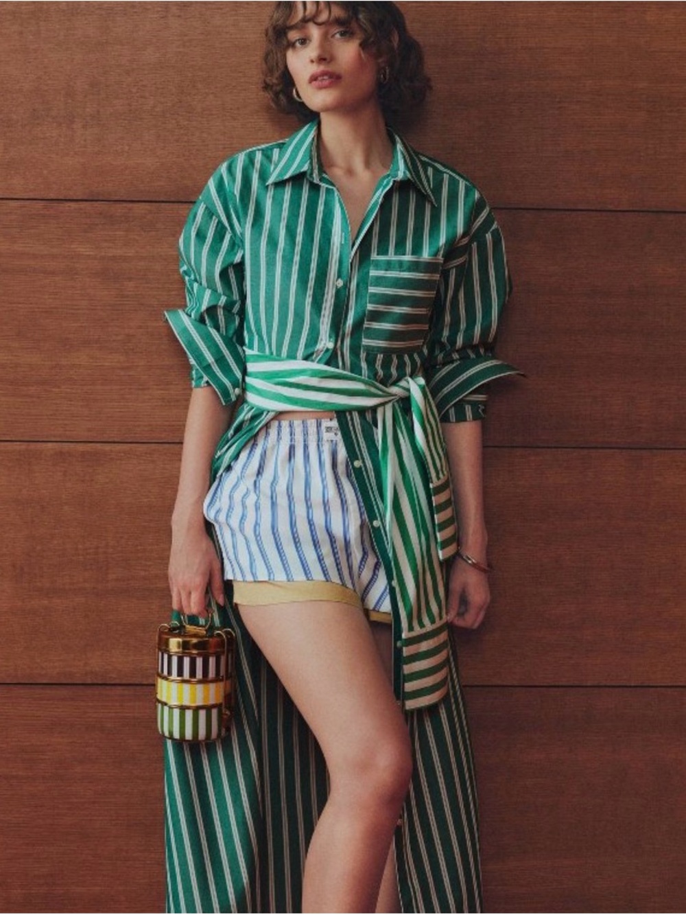 Green and White Striped Long Shirt Dress